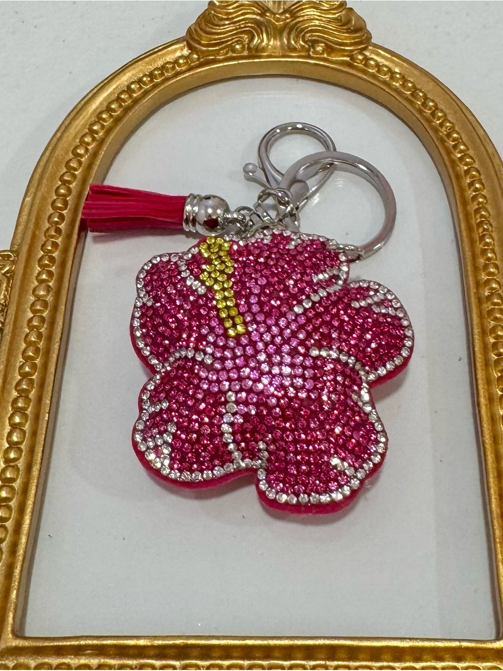 New Sparkling Pink Hibiscus Flower Keychain with Tassel